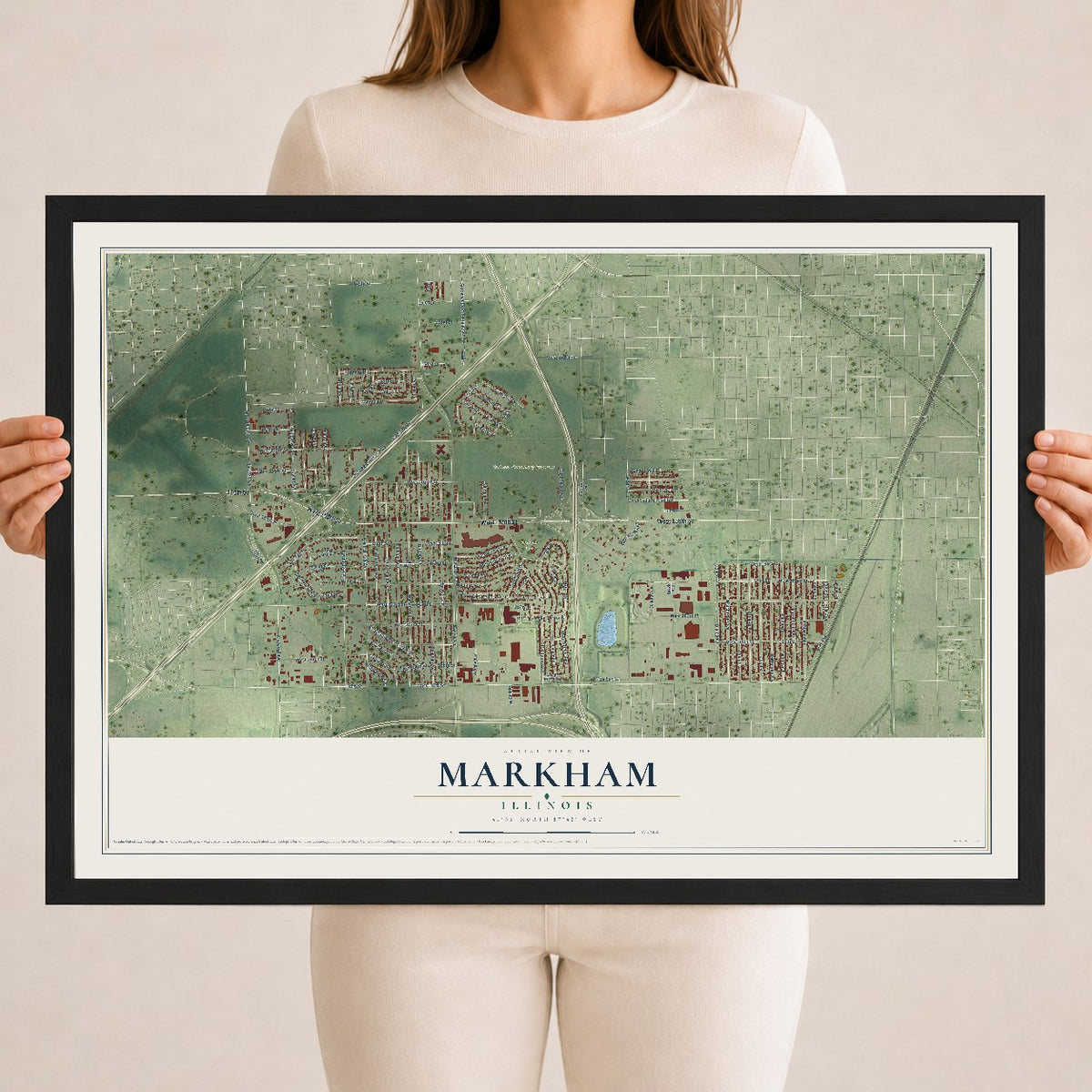 Map of Markham, Illinois, 18 x 24 inch print in a black wood frame