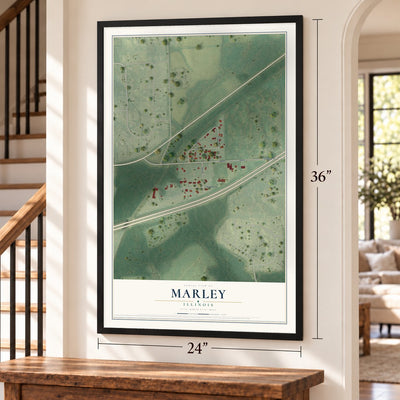 Marley, Illinois map, 24 x 36 inch print in a black frame by a staircase