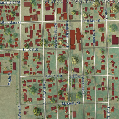 Close-up of the map of Maroa, Illinois print showing street and building detail
