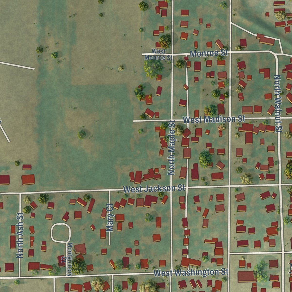 Second close-up of the map of Maroa, Illinois print showing more streets and buildings
