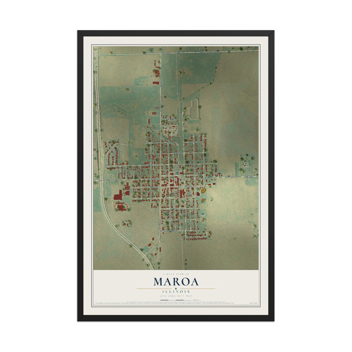 Map of Maroa, Illinois, 12 x 18 inch print in a black wood frame