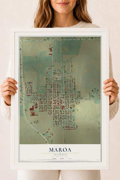Map of Maroa, Illinois, 18 x 24 inch print in a white wood frame