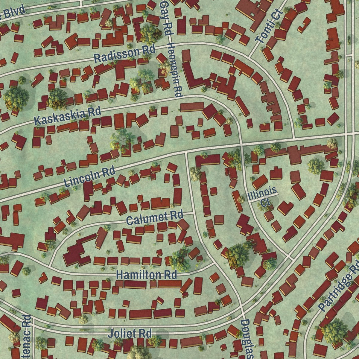 Close-up of the map of Marquette Heights, Illinois print showing street and building detail