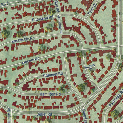 Close-up of the map of Marquette Heights, Illinois print showing street and building detail