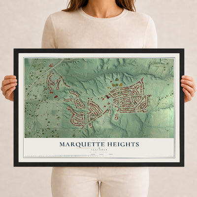 Map of Marquette Heights, Illinois, 12 x 18 inch print in a black wood frame