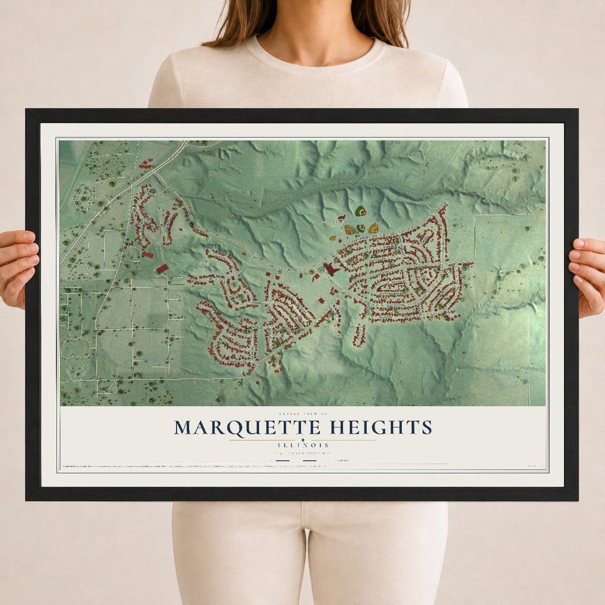 Map of Marquette Heights, Illinois, 18 x 24 inch print in a black wood frame