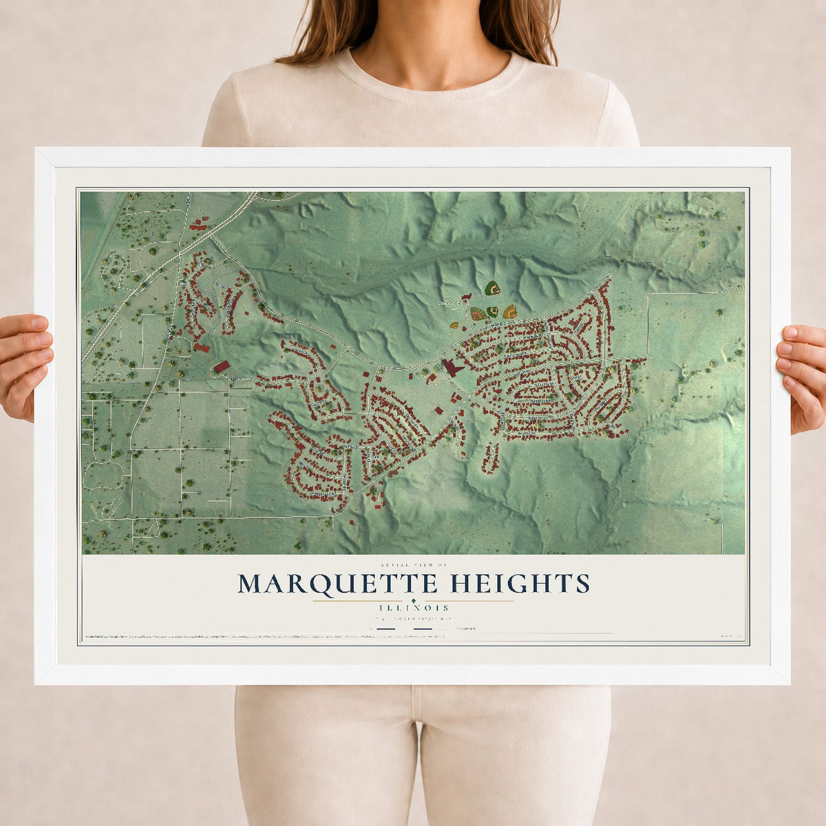 Map of Marquette Heights, Illinois, 18 x 24 inch print in a white wood frame