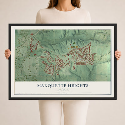 Map of Marquette Heights, Illinois, 24 x 36 inch print in a black wood frame
