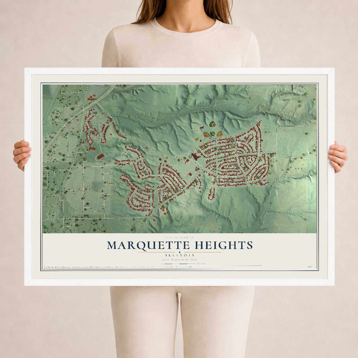 Map of Marquette Heights, Illinois, 24 x 36 inch print in a white wood frame