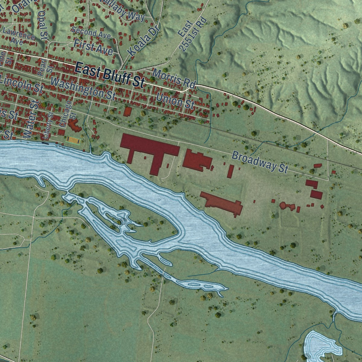 Second close-up of the map of Marseilles, Illinois print showing more streets and buildings