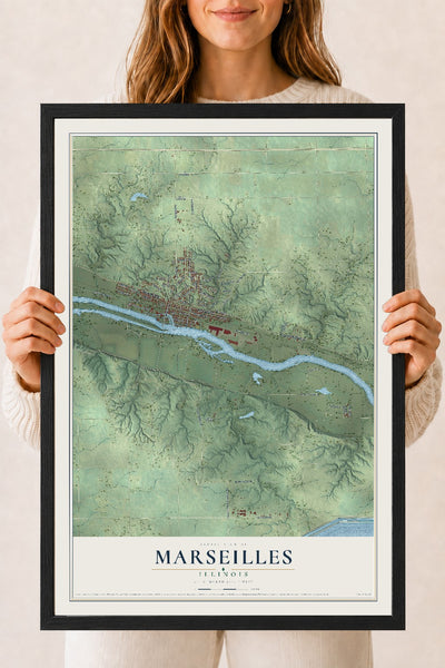 Map of Marseilles, Illinois, 18 x 24 inch print in a black wood frame