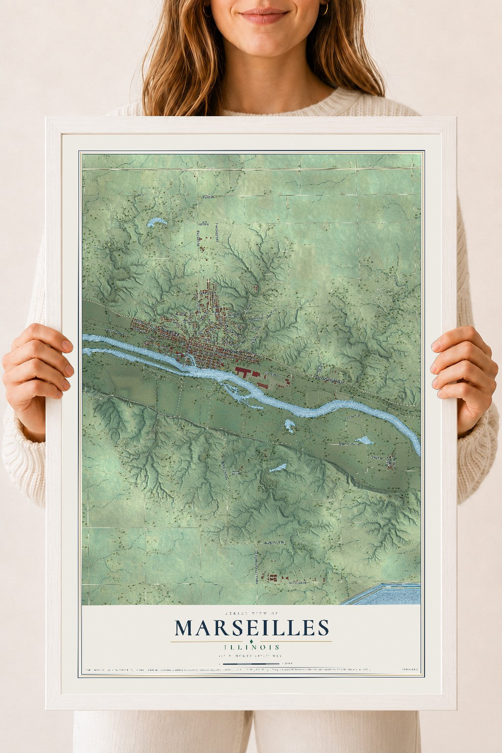 Map of Marseilles, Illinois, 18 x 24 inch print in a white wood frame