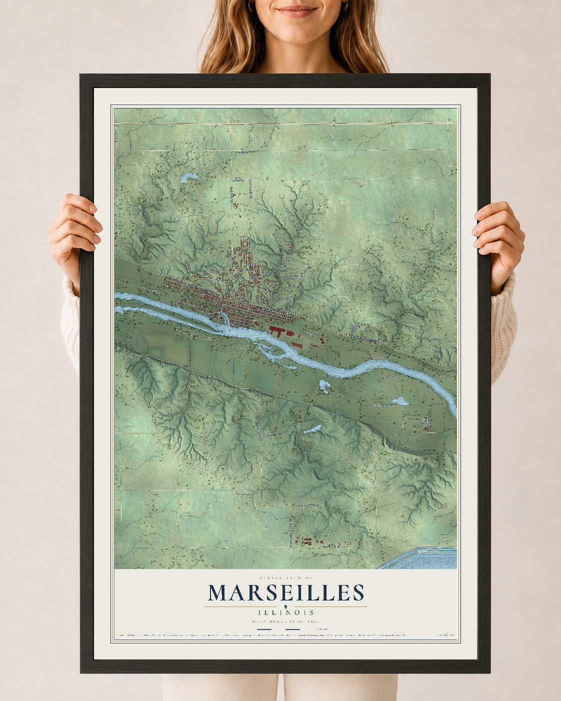 Map of Marseilles, Illinois, 24 x 36 inch print in a black wood frame