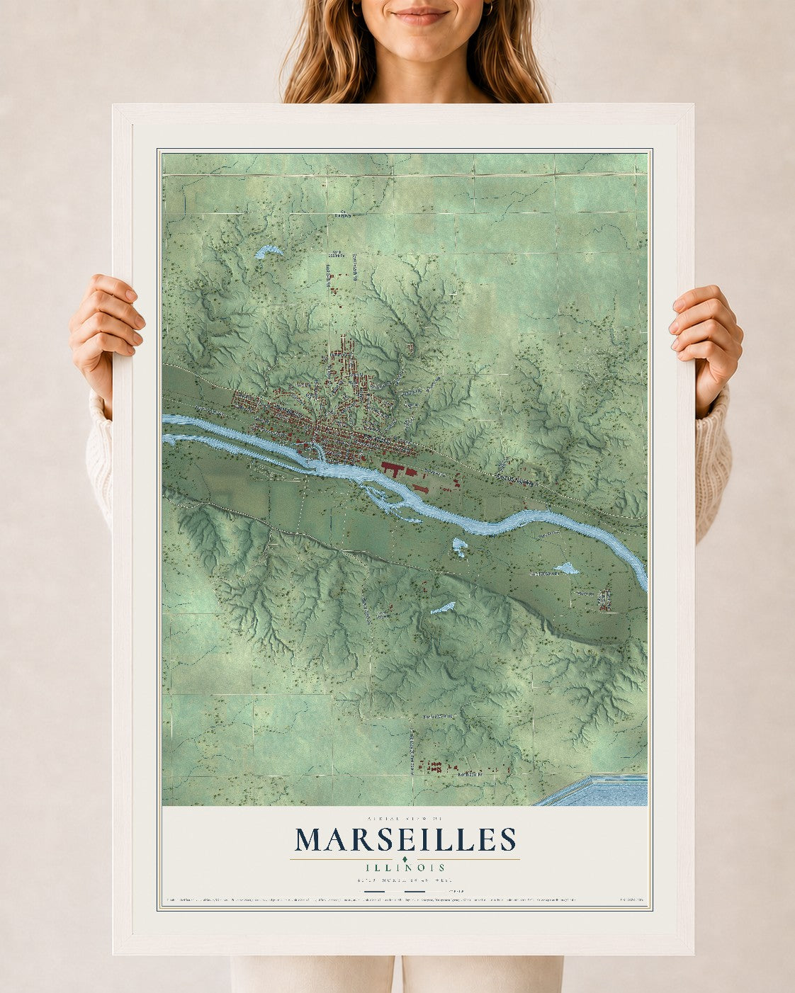 Map of Marseilles, Illinois, 24 x 36 inch print in a white wood frame
