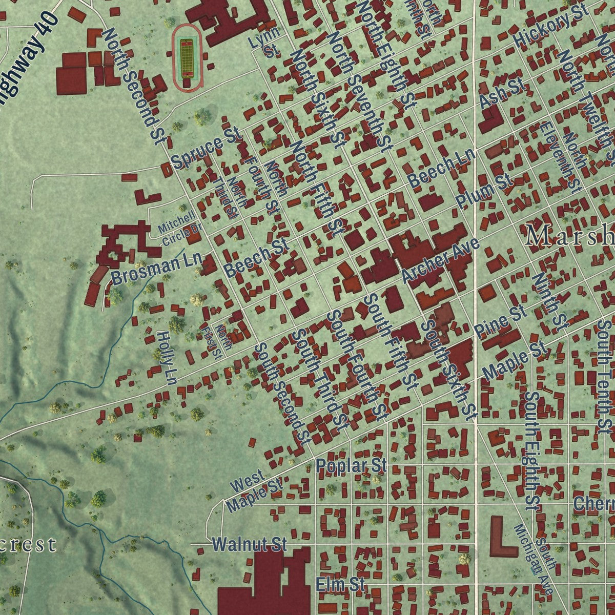 Close-up of the map of Marshall, Illinois print showing street and building detail