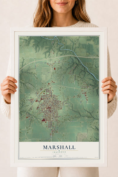 Map of Marshall, Illinois, 18 x 24 inch print in a white wood frame