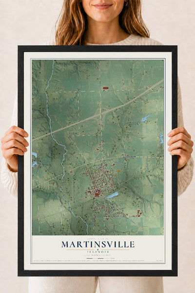 Map of Martinsville, Illinois, 18 x 24 inch print in a black wood frame