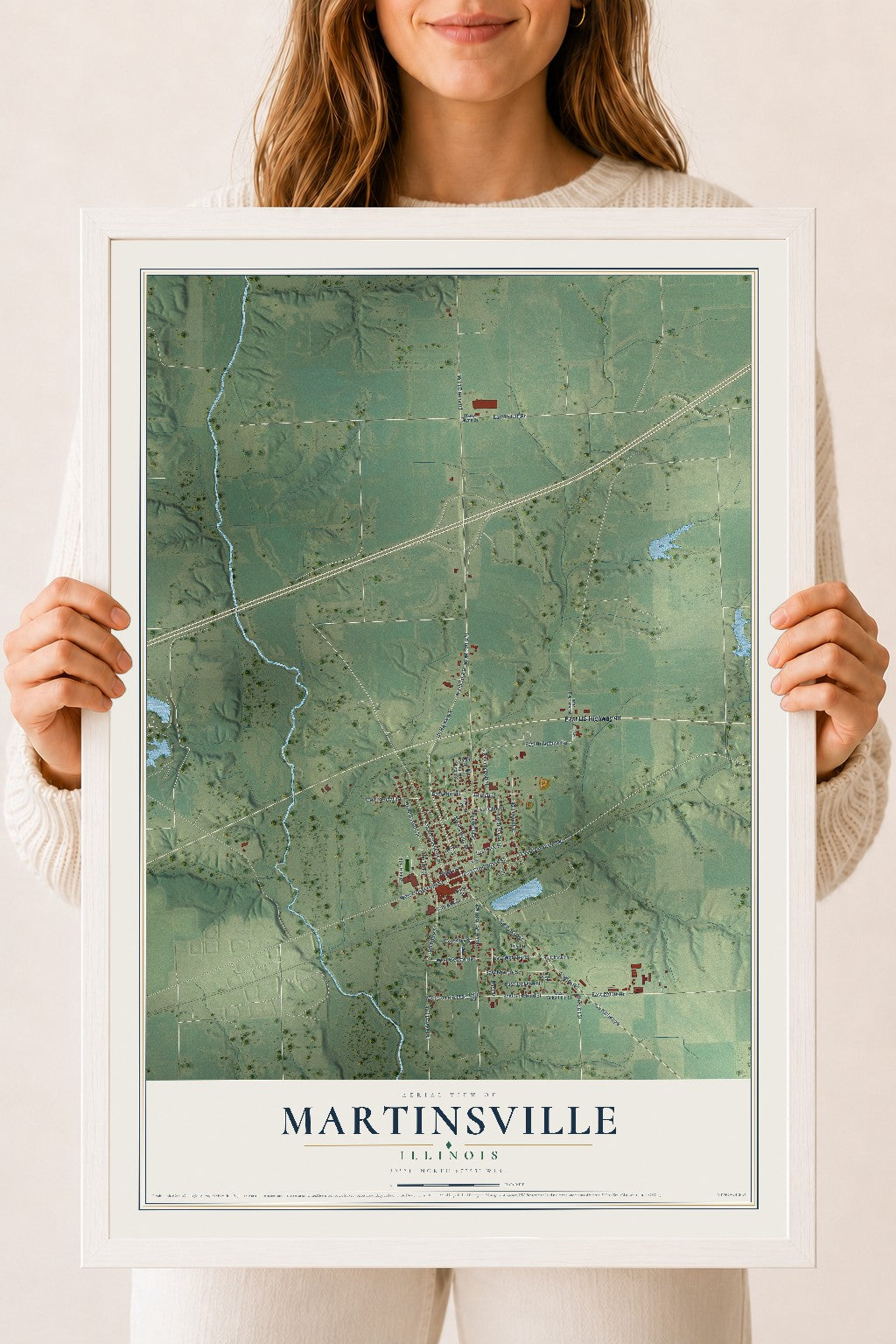 Map of Martinsville, Illinois, 18 x 24 inch print in a white wood frame