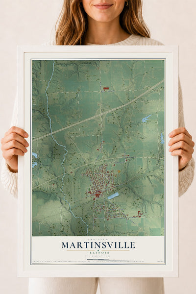 Map of Martinsville, Illinois, 18 x 24 inch print in a white wood frame