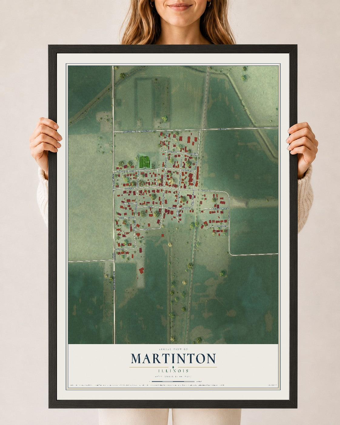 Map of Martinton, Illinois, 24 x 36 inch print in a black wood frame