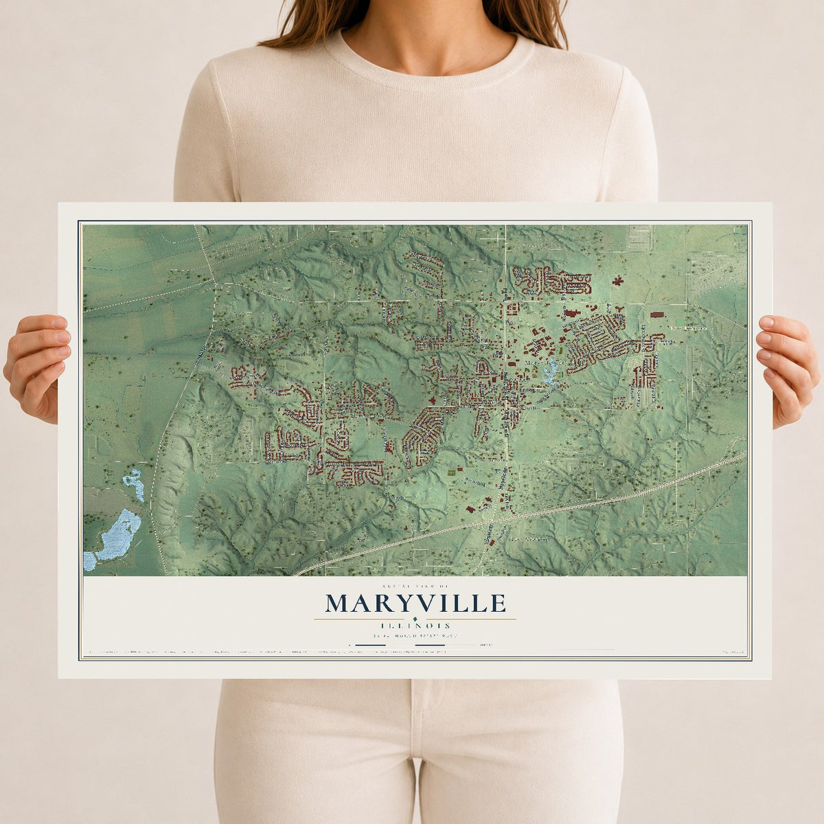 Map of Maryville, Illinois, 12 x 18 inch unframed archival matte print