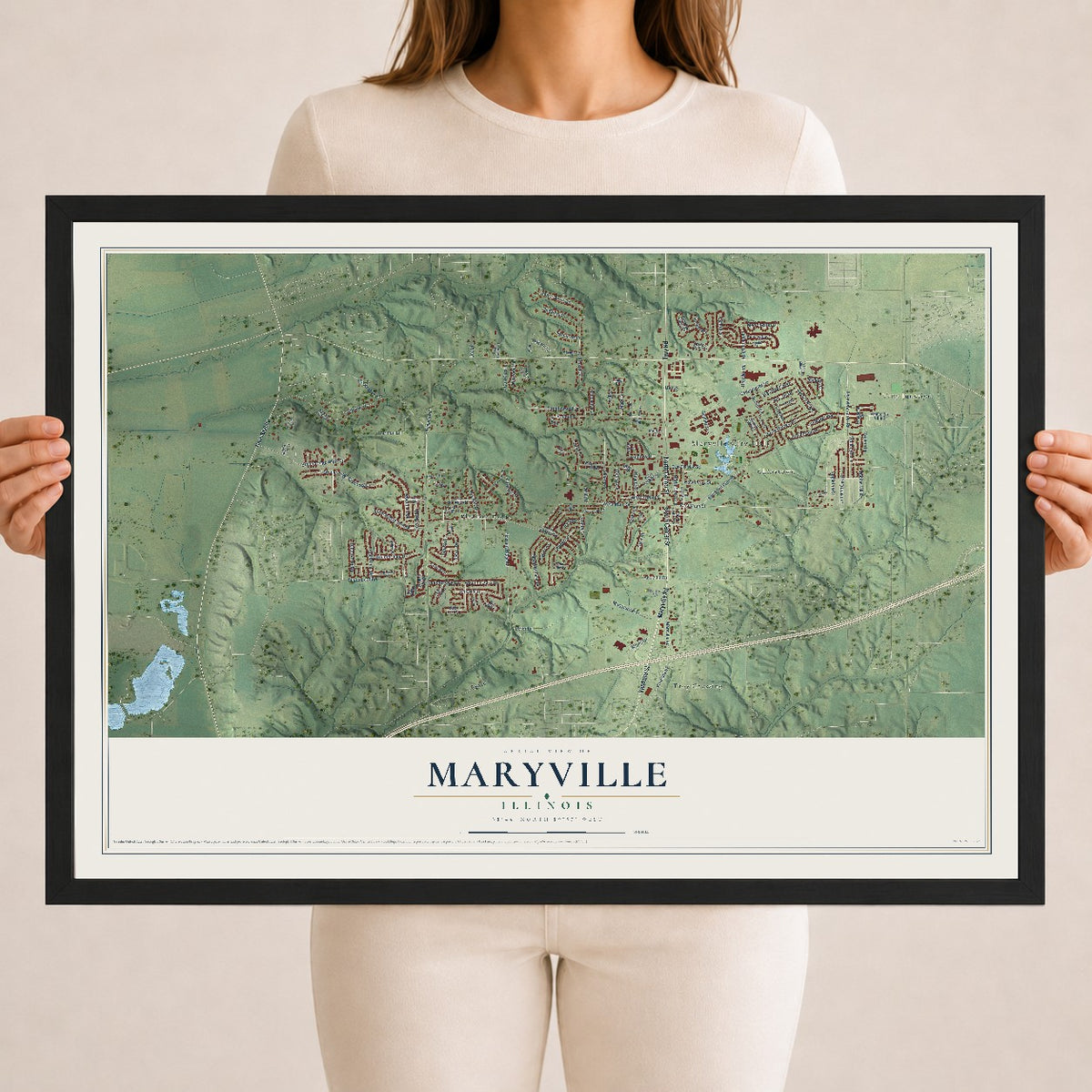 Map of Maryville, Illinois, 18 x 24 inch print in a black wood frame