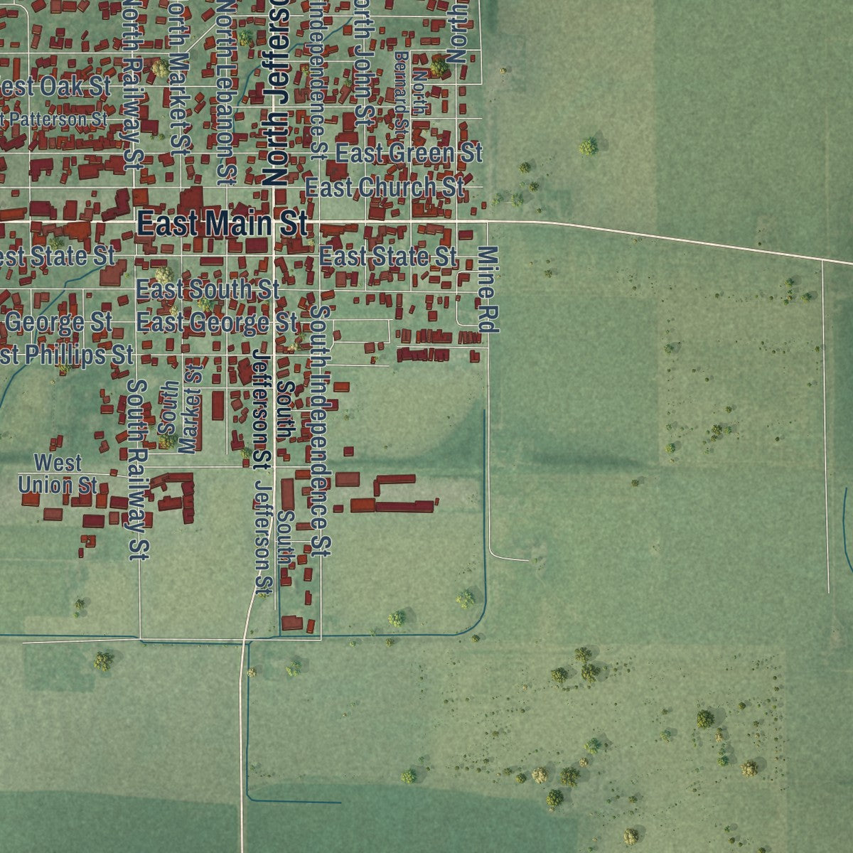 Second close-up of the map of Mascoutah, Illinois print showing more streets and buildings