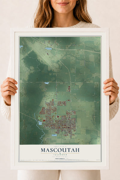 Map of Mascoutah, Illinois, 18 x 24 inch print in a white wood frame