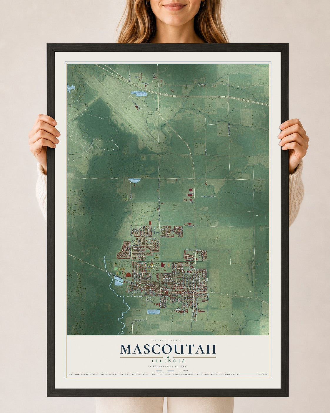 Map of Mascoutah, Illinois, 24 x 36 inch print in a black wood frame