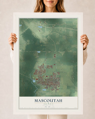 Map of Mascoutah, Illinois, 24 x 36 inch print in a white wood frame