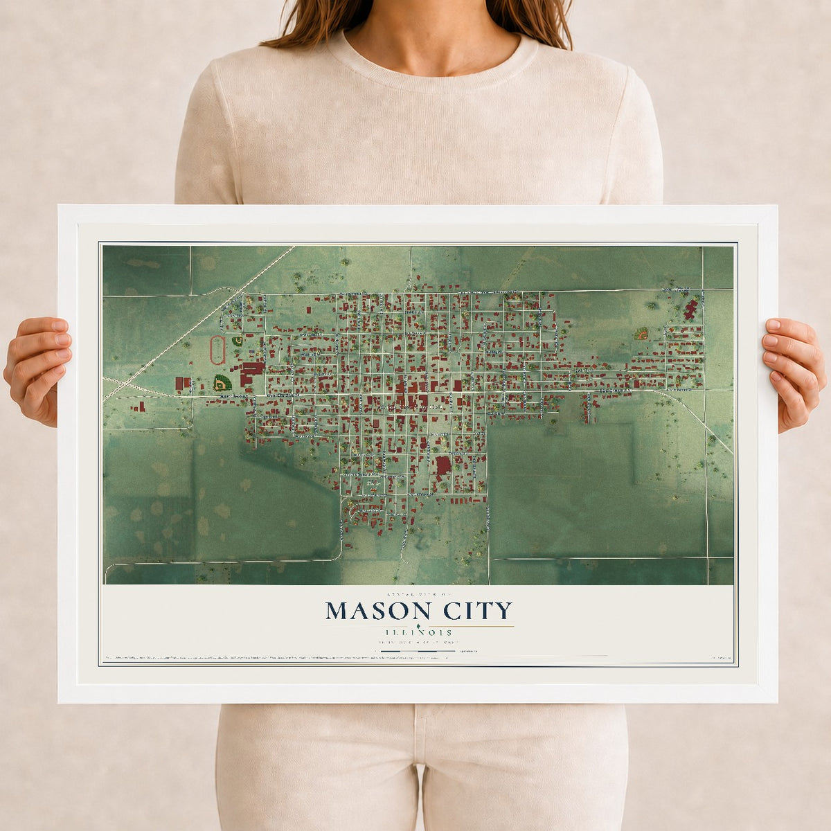 Map of Mason City, Illinois, 12 x 18 inch print in a white wood frame