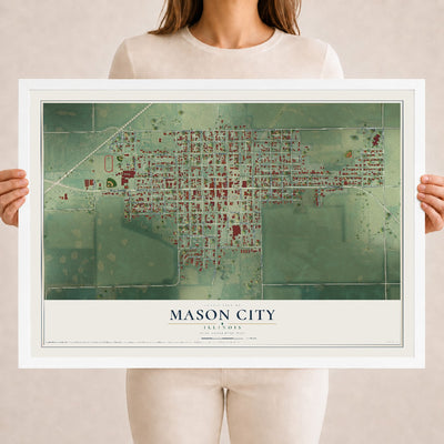 Map of Mason City, Illinois, 18 x 24 inch print in a white wood frame