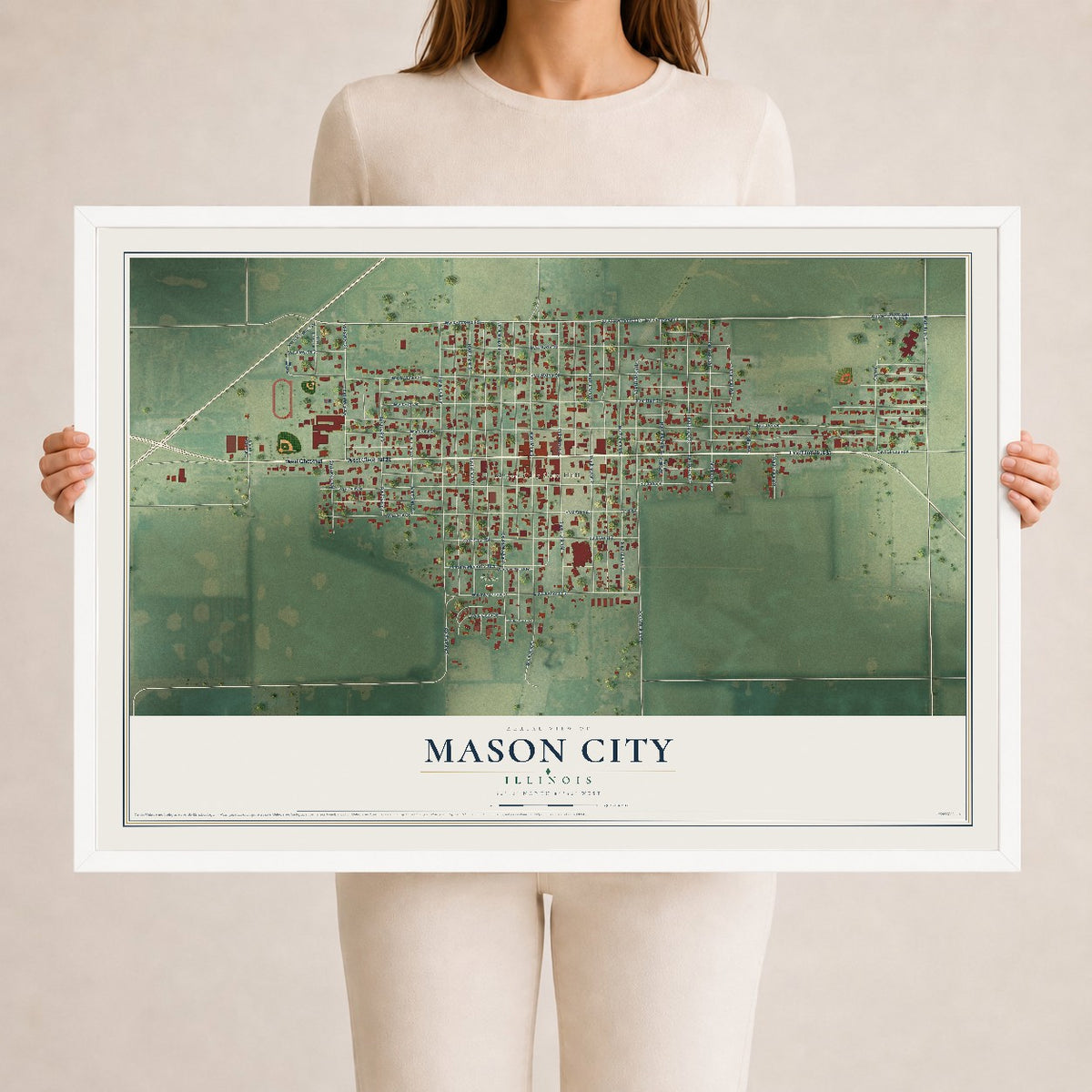 Map of Mason City, Illinois, 24 x 36 inch print in a white wood frame