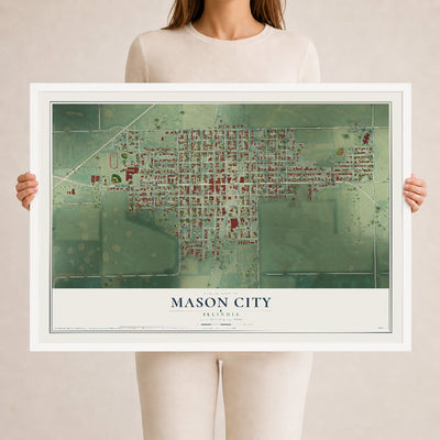 Map of Mason City, Illinois, 24 x 36 inch print in a white wood frame