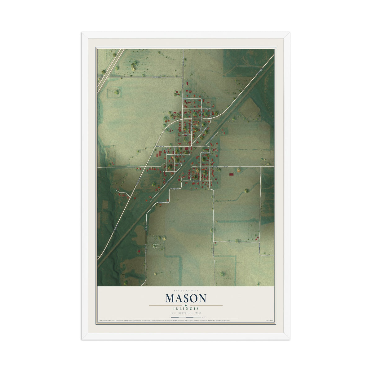 Map of Mason, Illinois, 12 x 18 inch print in a white wood frame