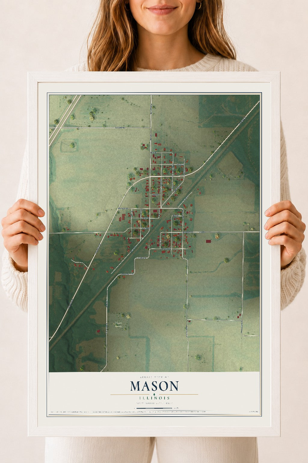 Map of Mason, Illinois, 18 x 24 inch print in a white wood frame