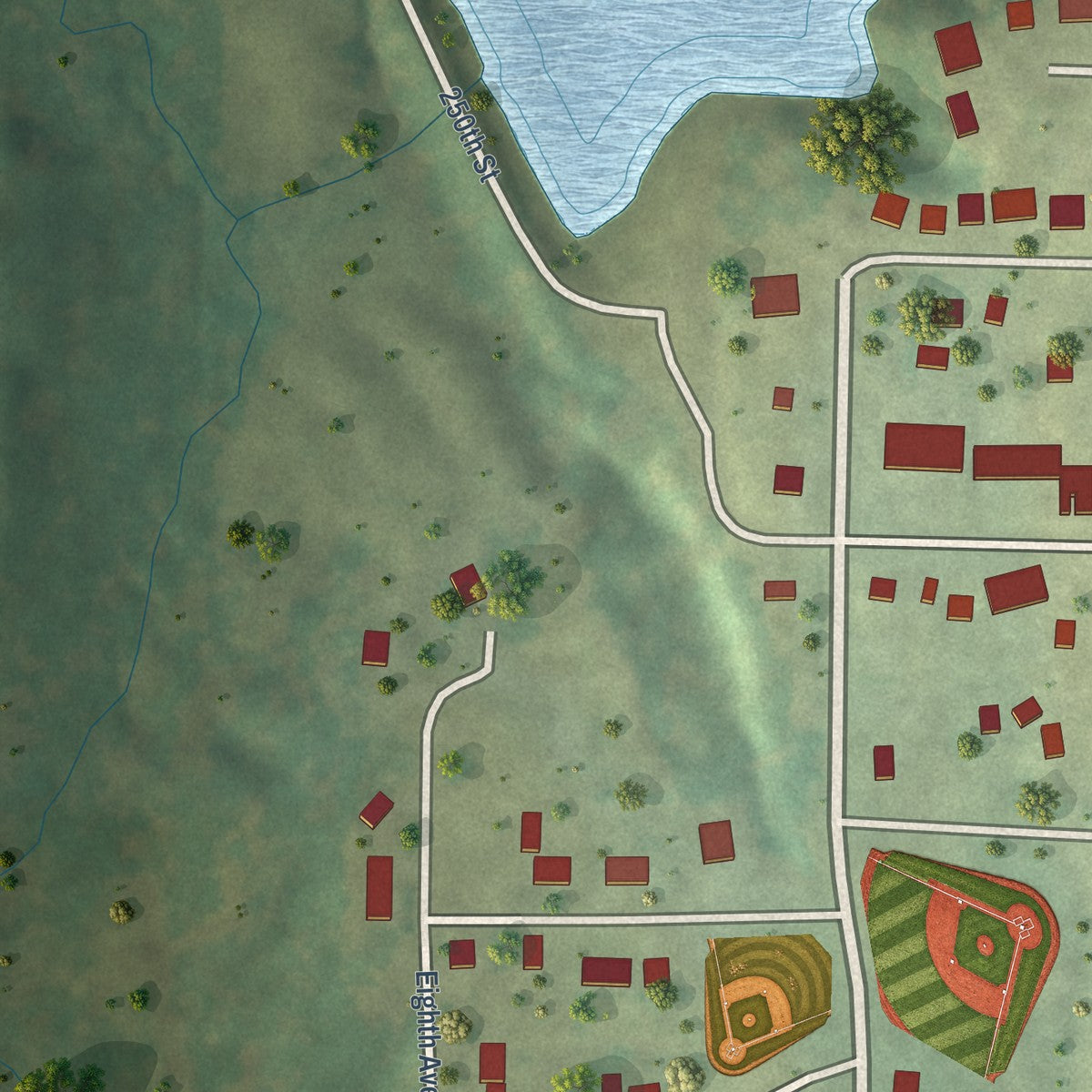 Second close-up of the map of Matherville, Illinois print showing more streets and buildings