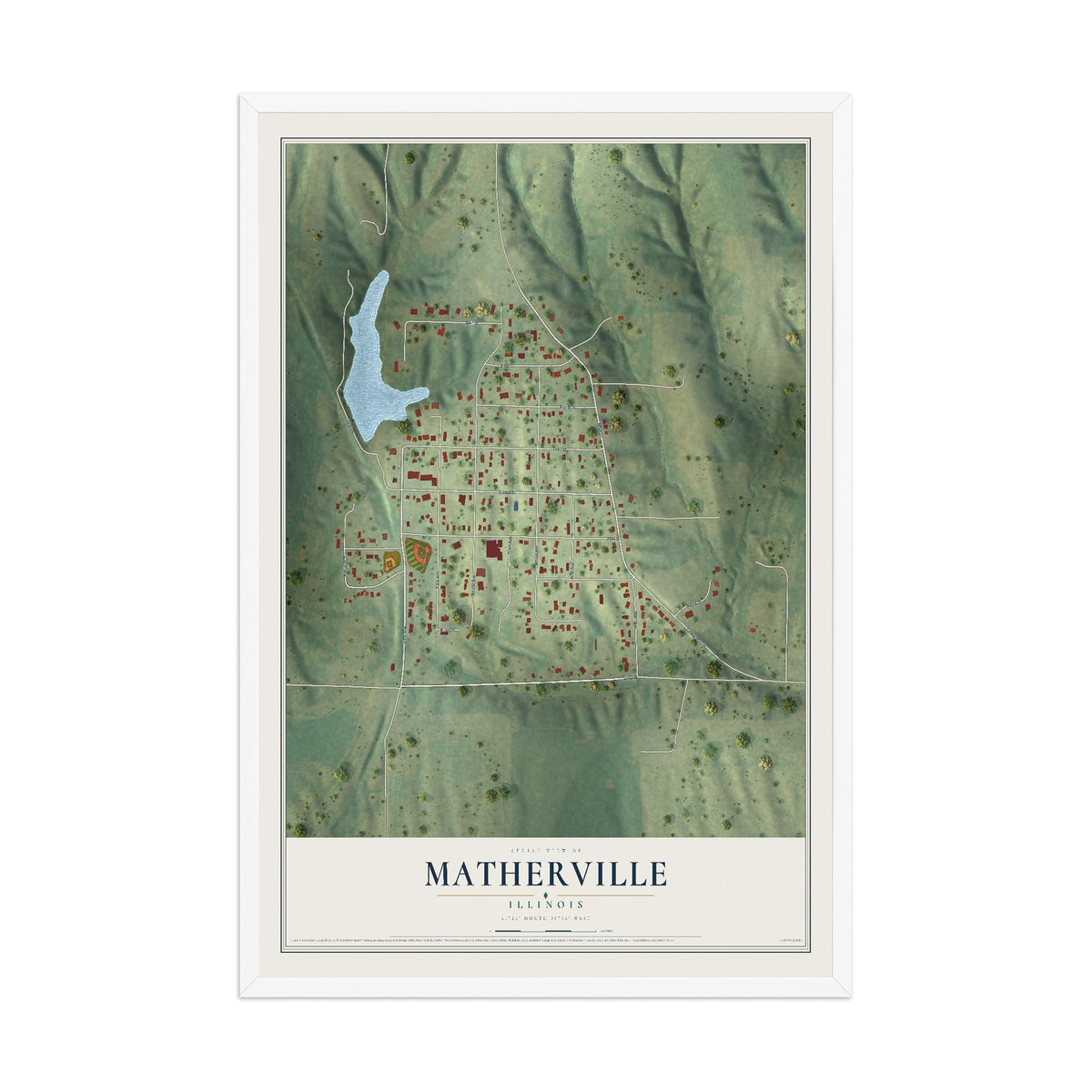 Map of Matherville, Illinois, 12 x 18 inch print in a white wood frame