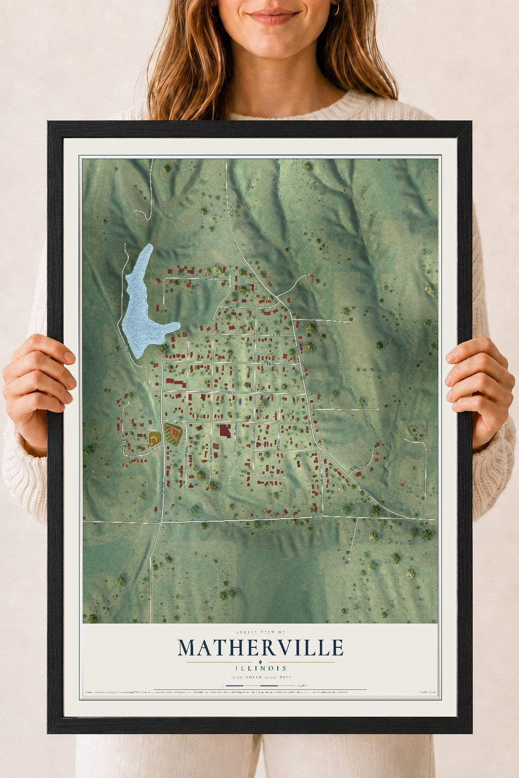 Map of Matherville, Illinois, 18 x 24 inch print in a black wood frame