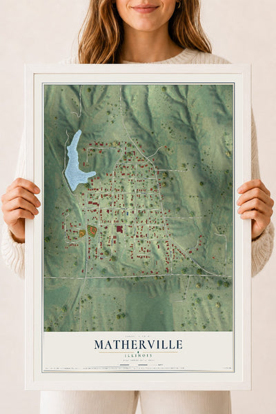 Map of Matherville, Illinois, 18 x 24 inch print in a white wood frame