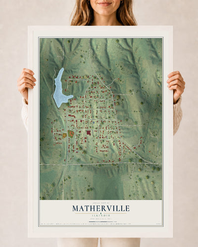 Map of Matherville, Illinois, 24 x 36 inch print in a white wood frame