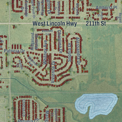 Second close-up of the map of Matteson, Illinois print showing more streets and buildings