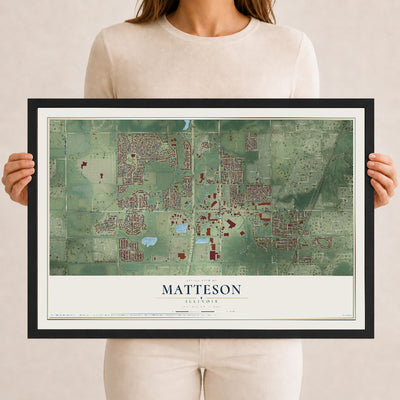 Map of Matteson, Illinois, 12 x 18 inch print in a black wood frame