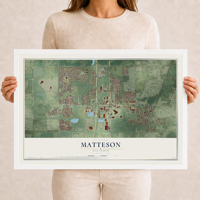 Map of Matteson, Illinois, 12 x 18 inch print in a white wood frame