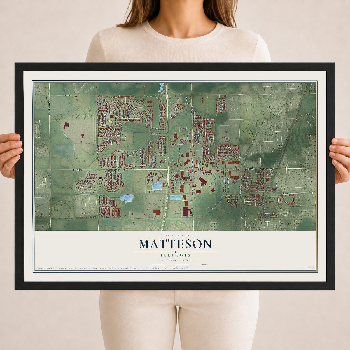 Map of Matteson, Illinois, 18 x 24 inch print in a black wood frame