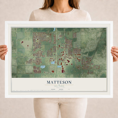 Map of Matteson, Illinois, 18 x 24 inch print in a white wood frame