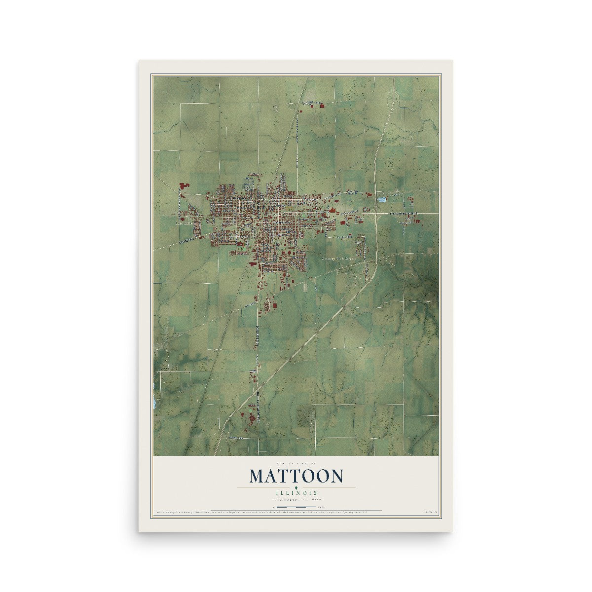 Map of Mattoon, Illinois, 12 x 18 inch unframed archival matte print