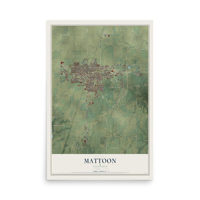 Map of Mattoon, Illinois, 12 x 18 inch unframed archival matte print