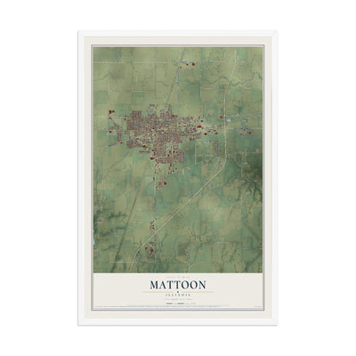 Map of Mattoon, Illinois, 12 x 18 inch print in a white wood frame