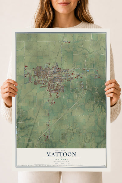 Map of Mattoon, Illinois, 18 x 24 inch unframed archival matte print